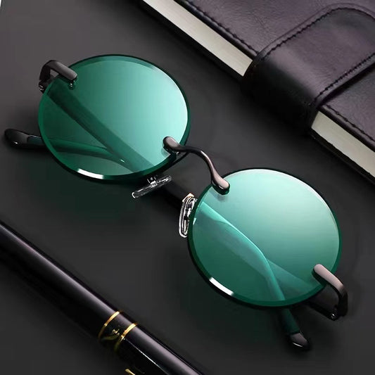 Imitation Crystal Glasses Dark Green Men's Round Sunglasses